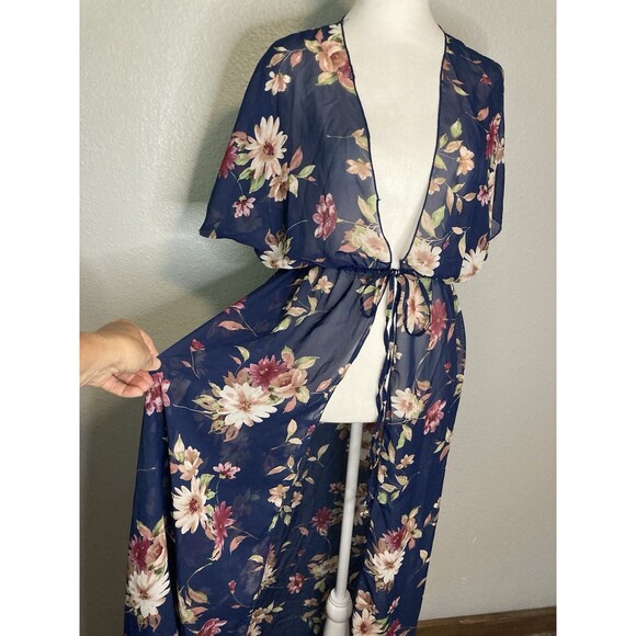 Duster Cardigan S Long Open Front Short Sleeve Floral Sheer Boho Coverup Ties - Picture 3 of 8
